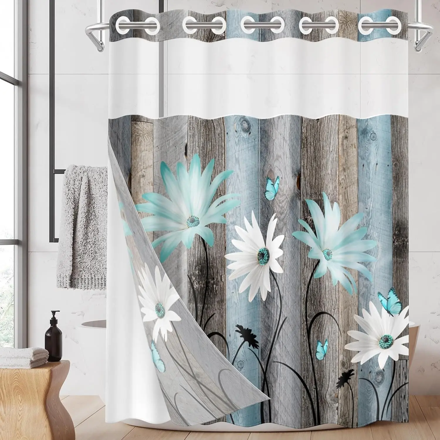 No Hook Shower Curtain with Snap in Liner 71x74 Inch Teal Daisy Butterfly Farmhouse Rustic Modern Double Layers Waterproof Fabric with See Through Top Window Open Grommet Bath Curtain