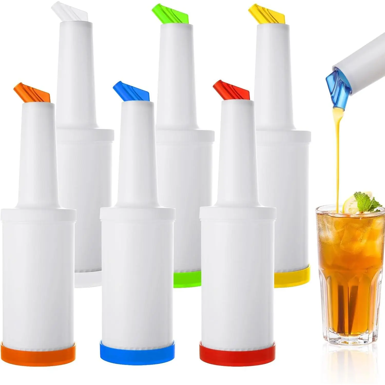 6 Pack Bar Juice Pour Bottles Juice Pourers for Bartending, Store and Pour Containers Plastic Juice Dispensers for Bar Liquor Juice Store (34 Ounces, Multicolor)