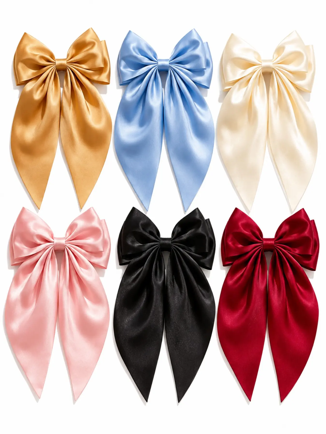6PCS Oversized Satin Bow Hair Clips for Women, Large Long Tail Ribbon Hair Bows, Ponytail Half-Up Hair Accessories, Assorted Colors