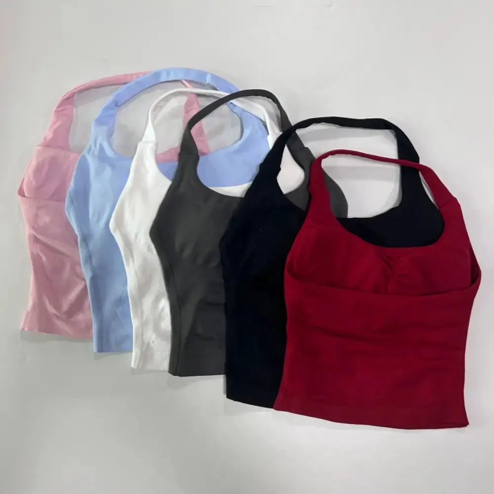 2026 Seamless Halter Top Backless Longline Strappy Padded Gym Top Women Built-in Bra Removable Cups Activewear Yoga Workout Tank Tops Athletic Sports Clothing Athletic Apparel