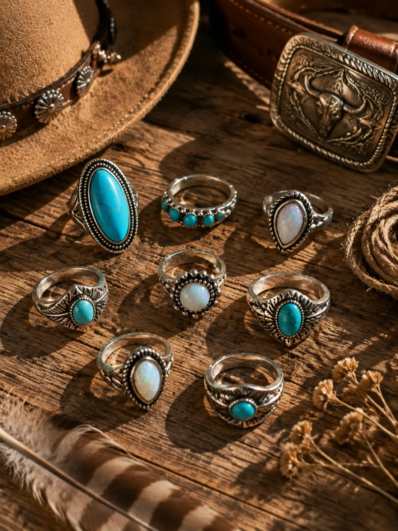 8pcs Western Turquoise Ring Set for Women, Bohemian Cowgirl Statement Jewelry, Vintage Style Stackable Rings, Festive & Everyday