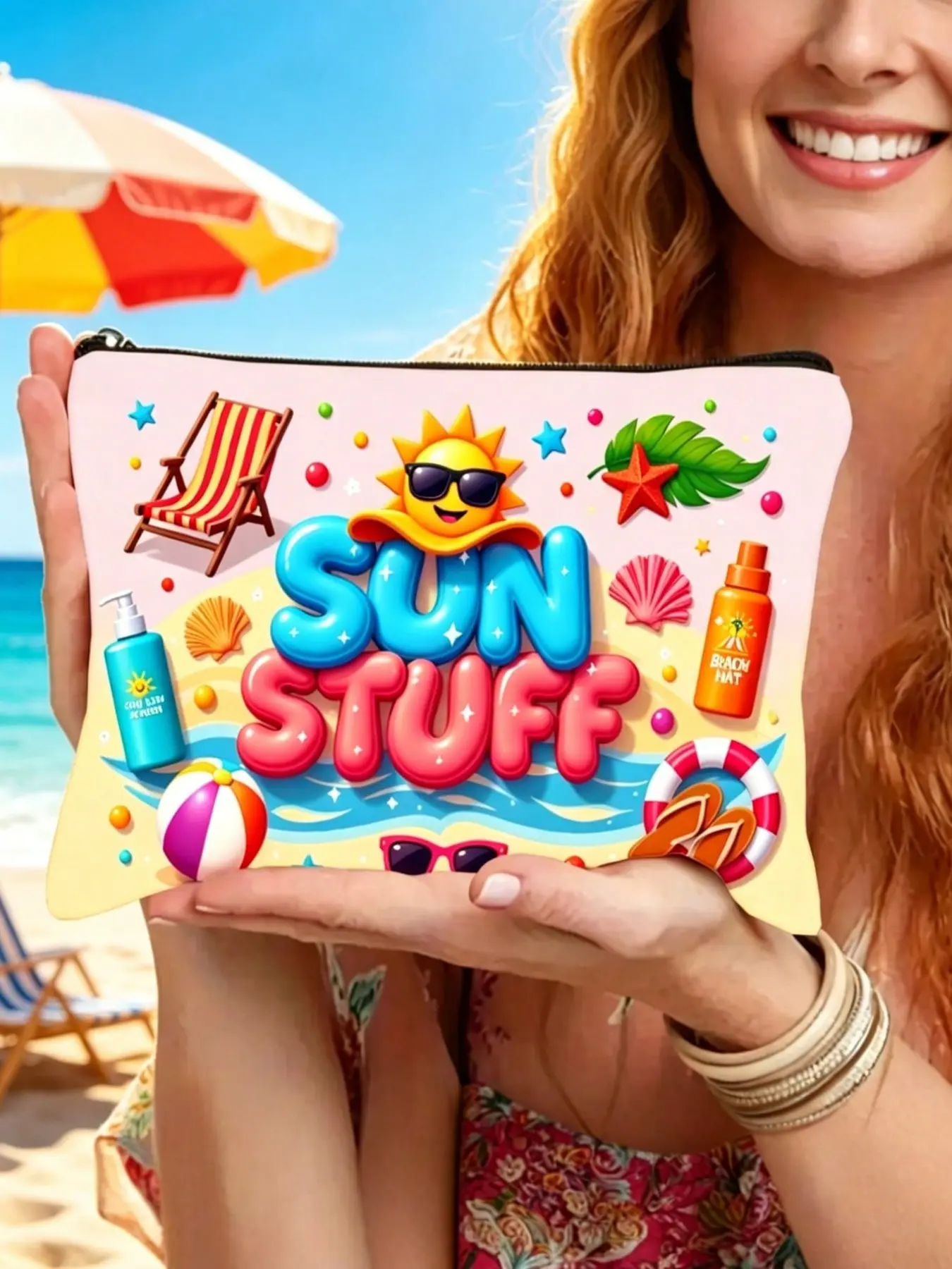 Summer Beach Sunscreen Storage Bag, Multi-Functional Portable Makeup Pouch with Zipper Closure, Ideal Gift for Travel, Vacation, Gym, Camping