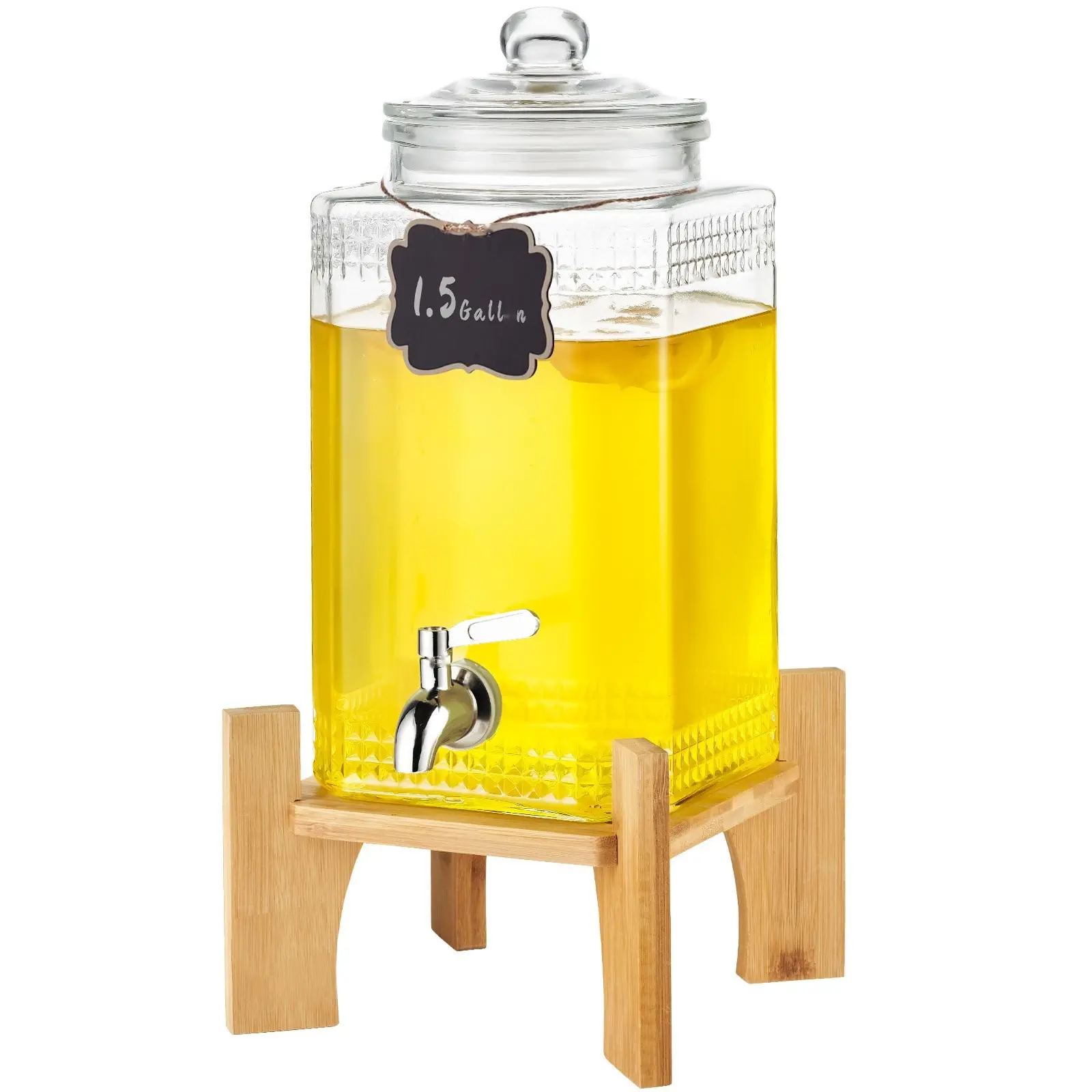 Beverage Dispenser, 1.5 Gallon Drink Dispenser for Parties and Events, Glass Juice Dispenser with Stand, Stainless Steel Spigot, Iced Tea Lemonade Water Dispenser for Restaurants, Hotels, Catering, and Home Use