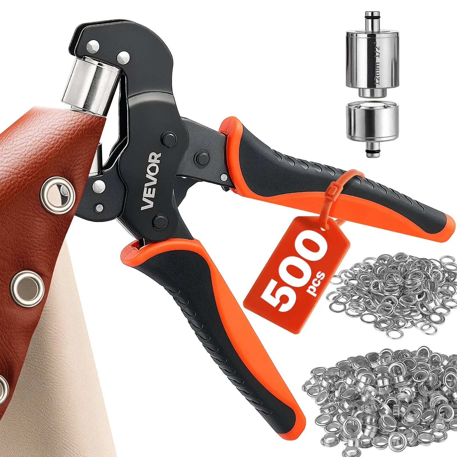 VEVOR 1/2" Grommet Tool Kit - Manual Pliers, Eyelet Presser, Hole Punch, Block, Includes 500 Pcs Silver Grommets & Washers for Leather Crafts, Tarps