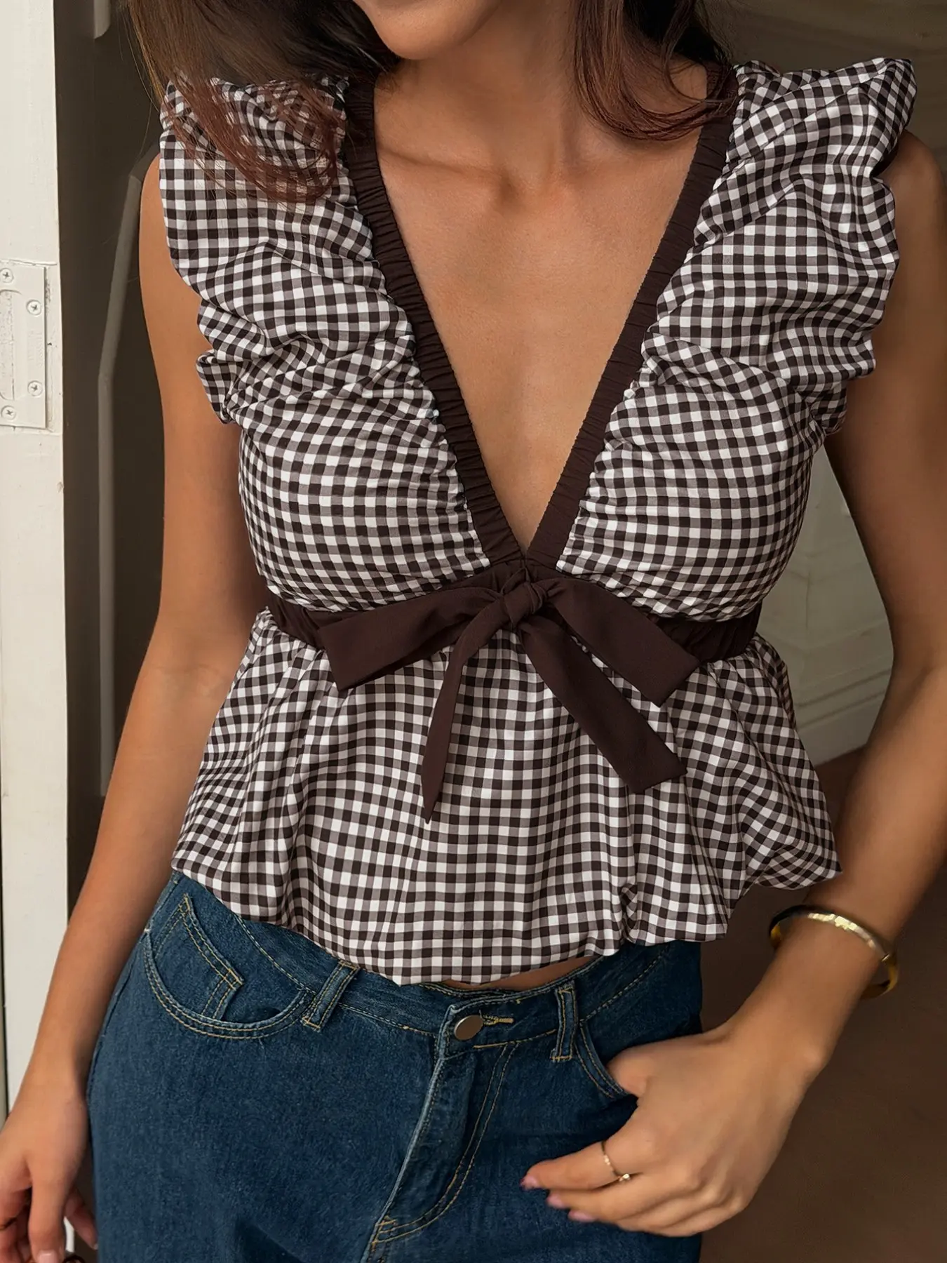 Brown White Gingham Peplum Top Deep V Neck Ruffle Sleeve Tie Front Belted Ruffle Hem Blouse Plaid Babydoll Crop Top Sleeveless Flowy Hem Sexy Cottagecore Y2K Going Out Summer Casual Streetwear Date Night Chic Feminine Fashion Boho Ruffle Top Women Top