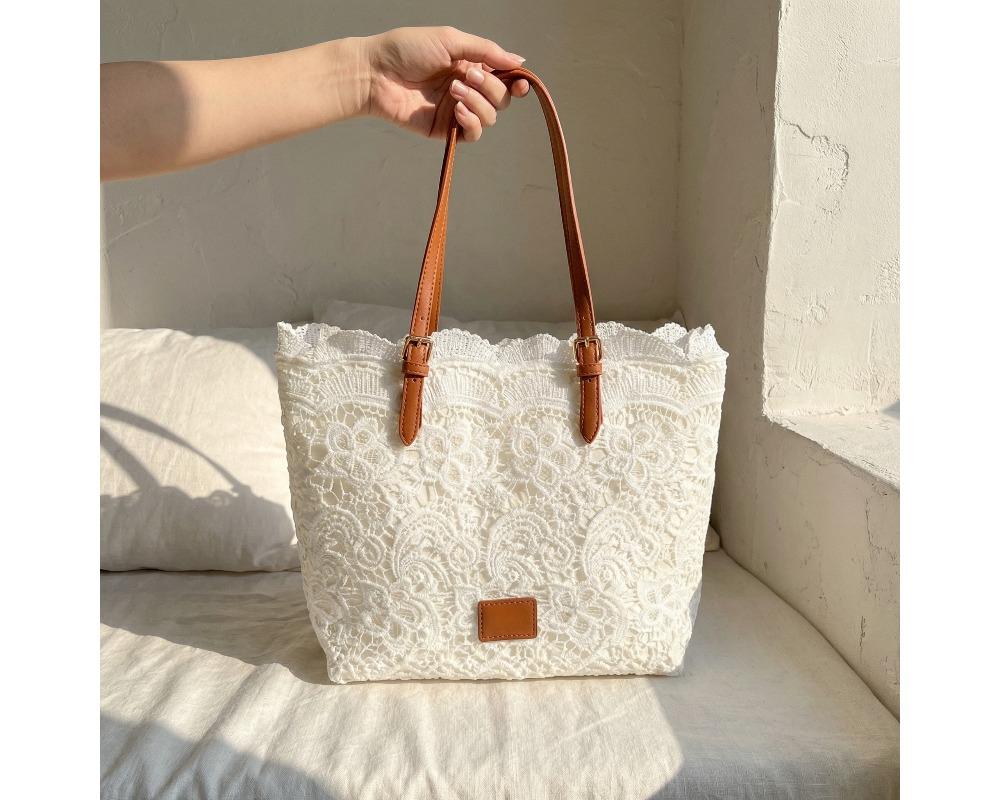 Women’s French Lace Hollow Tote Bag Large Capacity Shoulder Purse Adjustable Leather Straps Minimalist Floral Aesthetic Handbag Available in Versatile Summer Tote