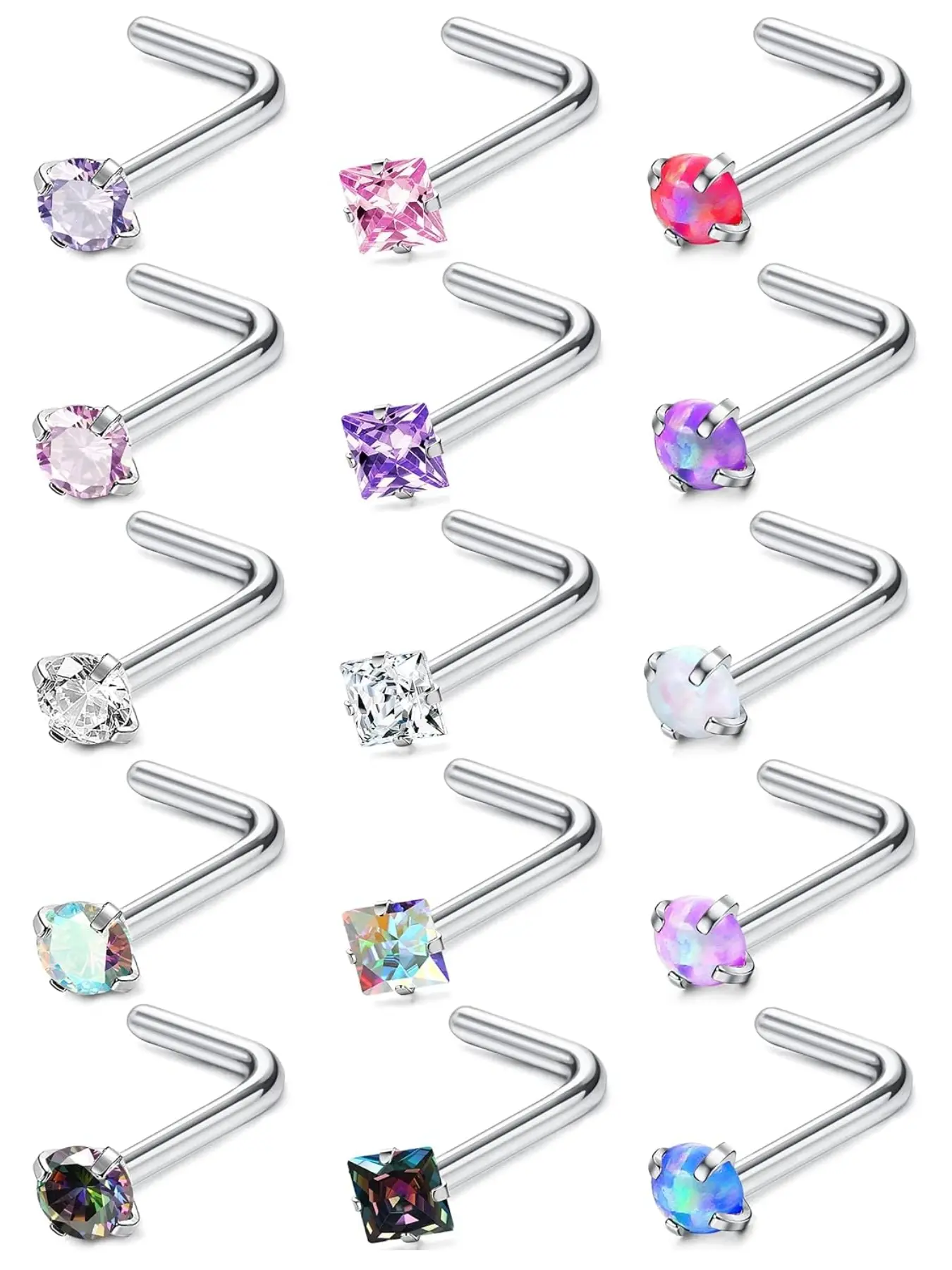 Hypoallergenic Nose Rings for Women Men - 15Pcs Surgical Stainless Steel Nose Rings Studs L Shaped/Corkscrew/Straight Studs Rings Labret Lip Nose Nostril Piercing Jewelry 18G 20G