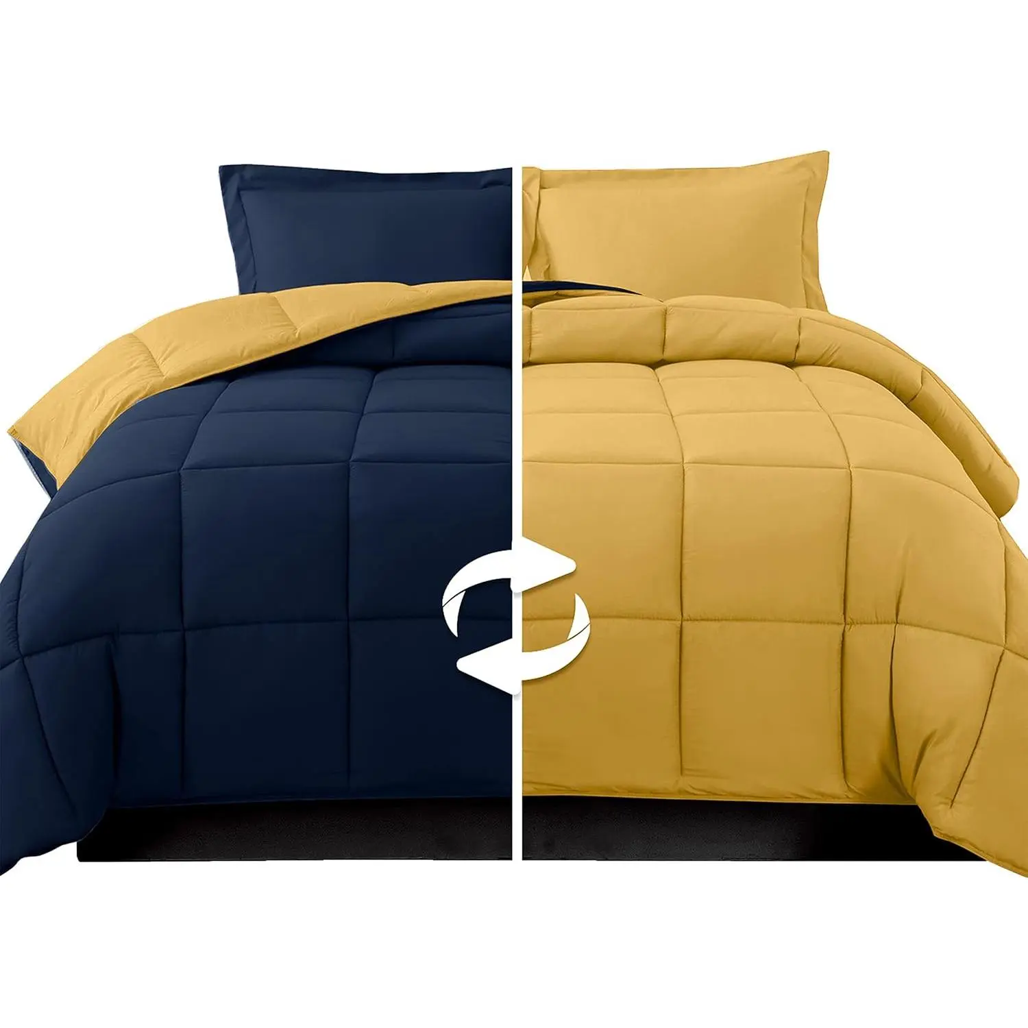 Elegant 3-Piece Reversible Comforter Set, All Season Cozy, Soft Down Alternative, Quilted - Box Stitched - Duvet Insert with 4 Corner Tabs, Comforter with Shams, King, Navy/Yellow