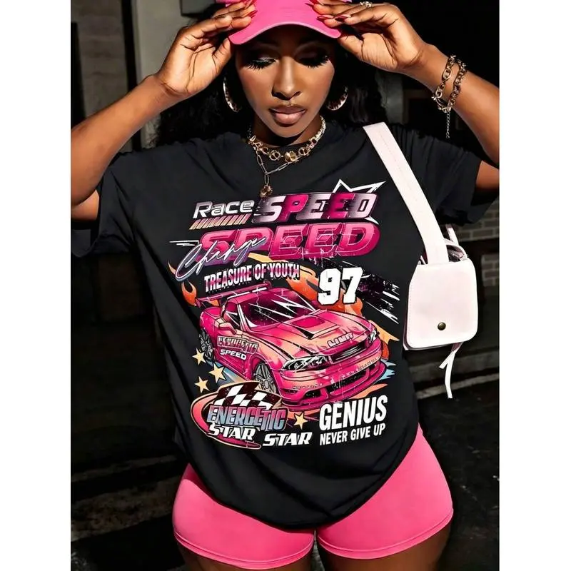 Oversize Women's Casual Loose Gray T-Shirt With Popular Car Pattern