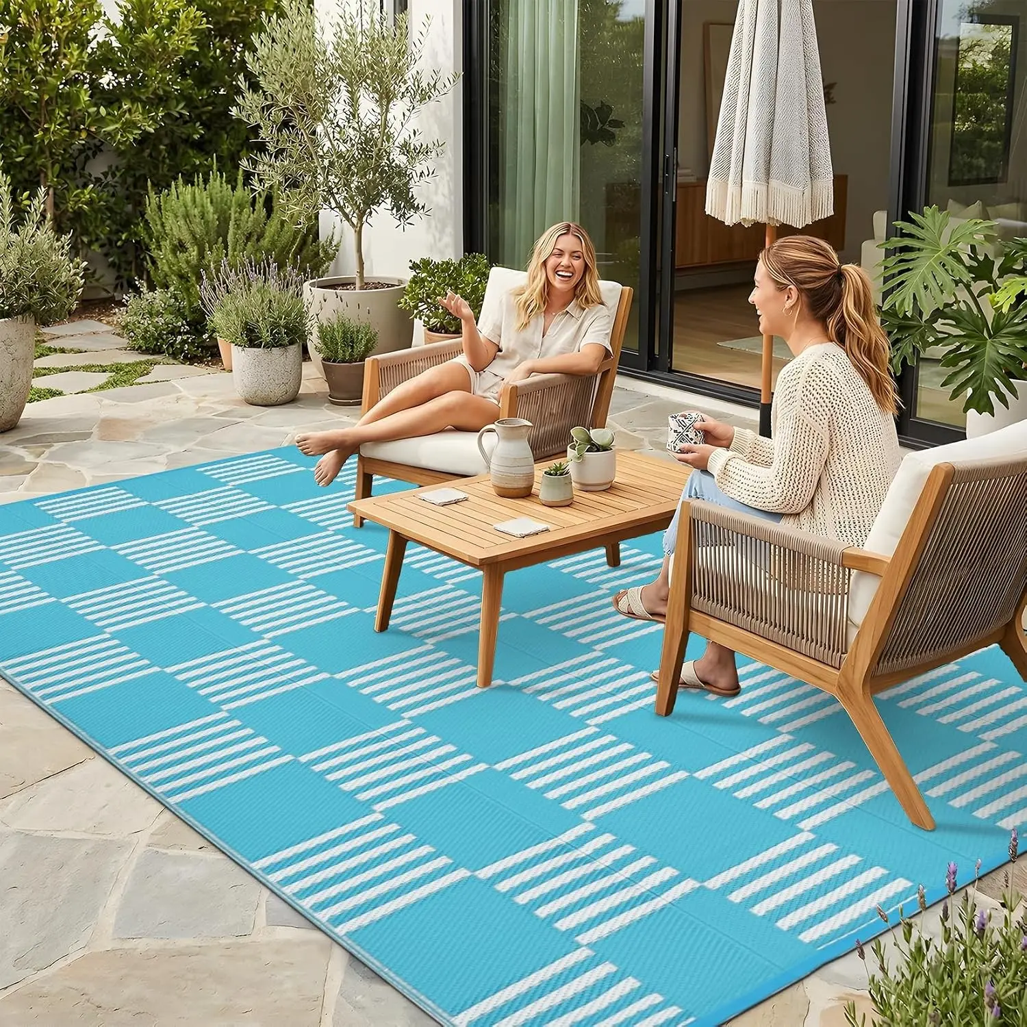 Waterproof Outdoor Rug 5x8, Checkered Foldable Plastic Straw Patio Camping Rug, Outdoor RV Carpet for Deck Camper Porch Balcony Backyard Picnic Beach Blue and WhiteGift.