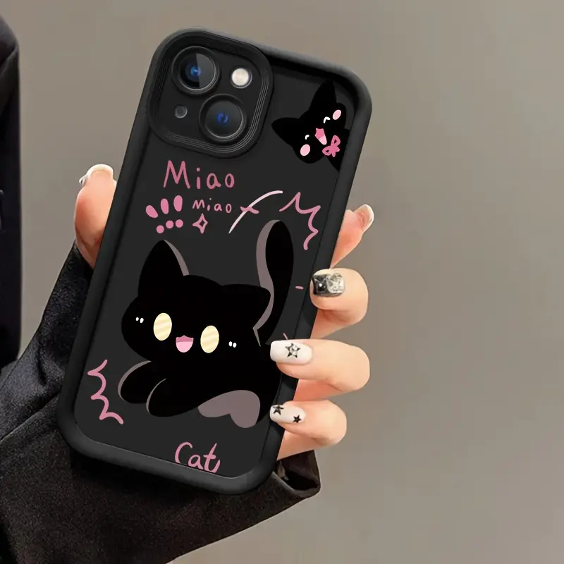 Matte Soft Silicone Phone Case for iPhone 11-17, Air/Pro Max - Shockproof, Anti-Scratch, Cute Cartoon Miao Black Cat Pink Graffiti Print, Y2K Aesthetic Kawaii Kitten Protective Shell for Girls anti-fall fashionable fully protection