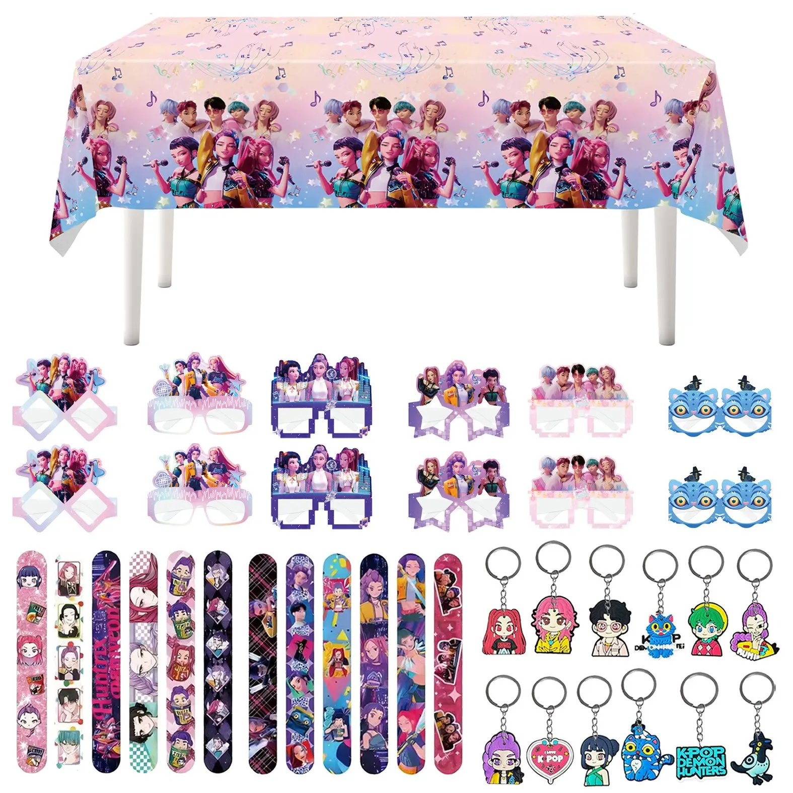 4 Korean cartoon girl group birthday party kits with a delicate touch, including 12 bracelets, 12 keychains, 12 fun decorative glasses, and 1 beautiful party tablecloth — perfect for both snapping pics and gifting at birthday parties