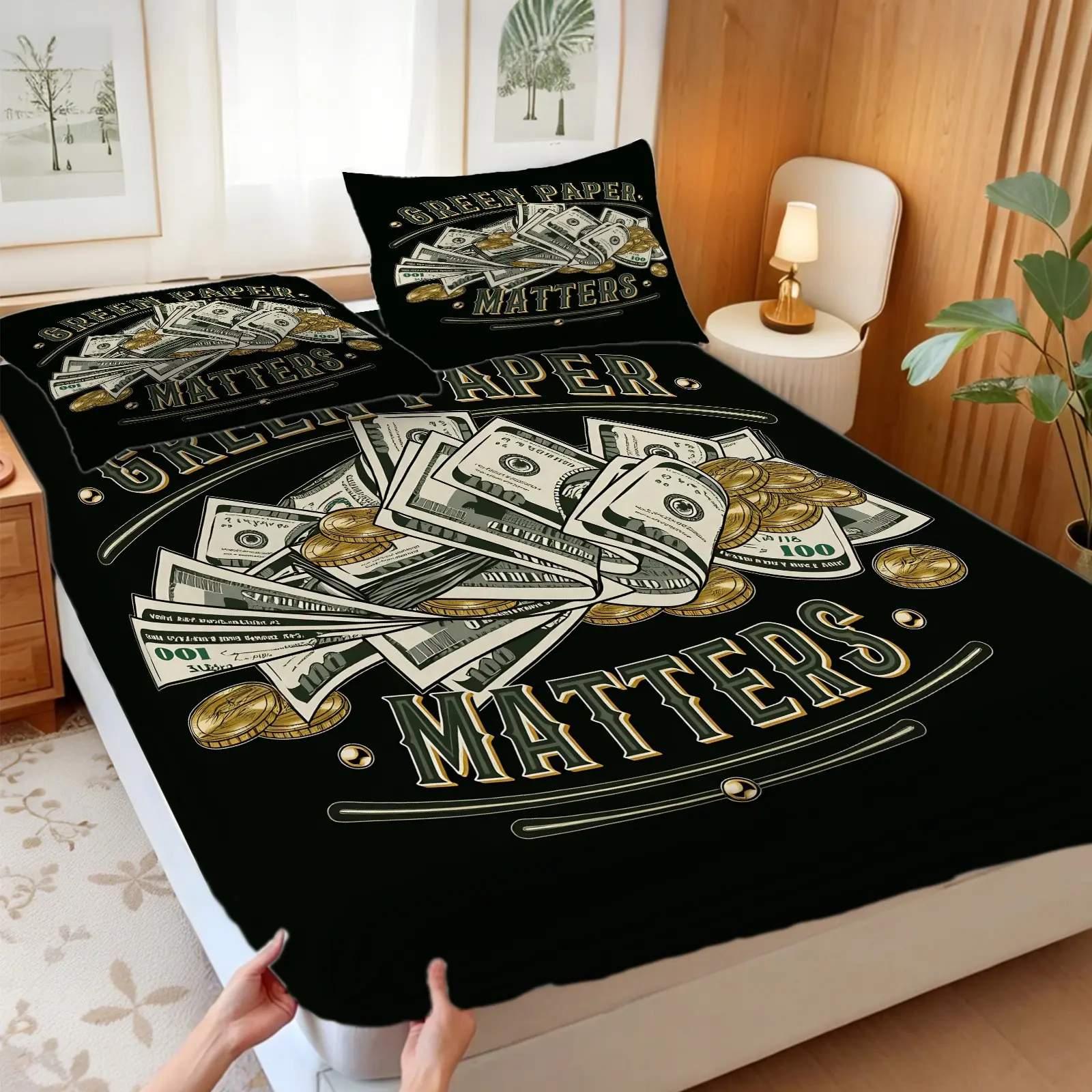 3Pcs 100 Dollar Bill Money Print Fitted Sheet Set, Bold Digital Print Bed Sheet Set with No Fillers, This Eye-Catching Bedding Set Creates Edgy Fun Luxe Vibe for Money Enthusiasts & Trendy Teens, Ideal for Bedroom, Dorm & Apartment Styling