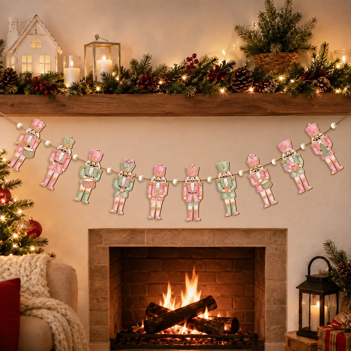 1set Wooden Pink Nutcracker Garland Vintage Christmas Hanging Banner Pastel Pink Nutcracker Soldier Band Wreath Pattern Fireplace Mantel Wall Decor Xmas Holiday Party Indoor Home Ornament Decoration Set