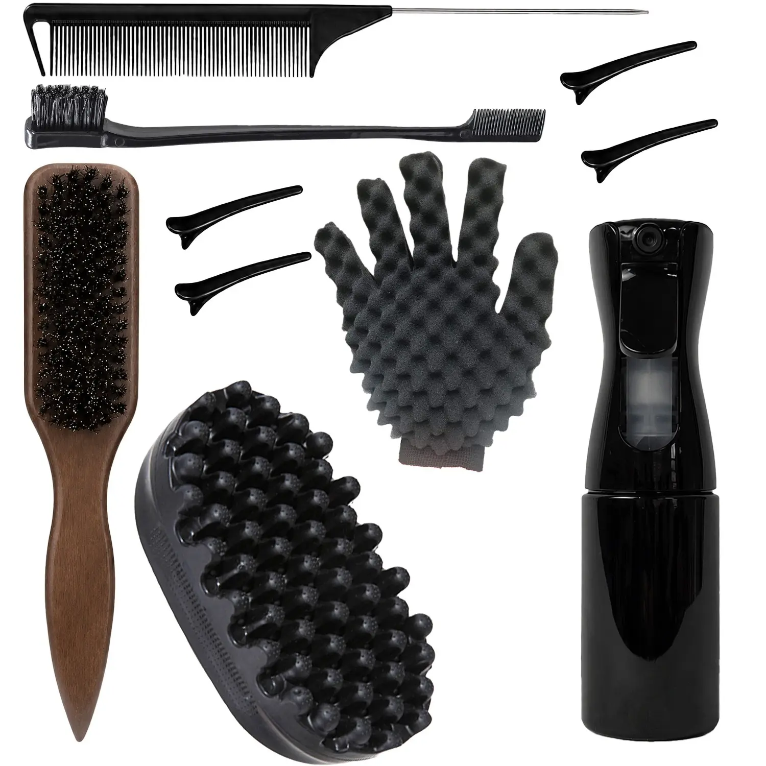 10PCS Freeform Twist Hair Styling Set, Heatless Styling Tool, Hair Twisting Tool for Natural Hair, Twist Sponge Brush, Foam Twist Glove, Spray Bottle, Rat Tail Comb, Sectioning Clips, Edge Brush & Wooden Brush for Dreadlocks, Locs, Coils, Afro Hair