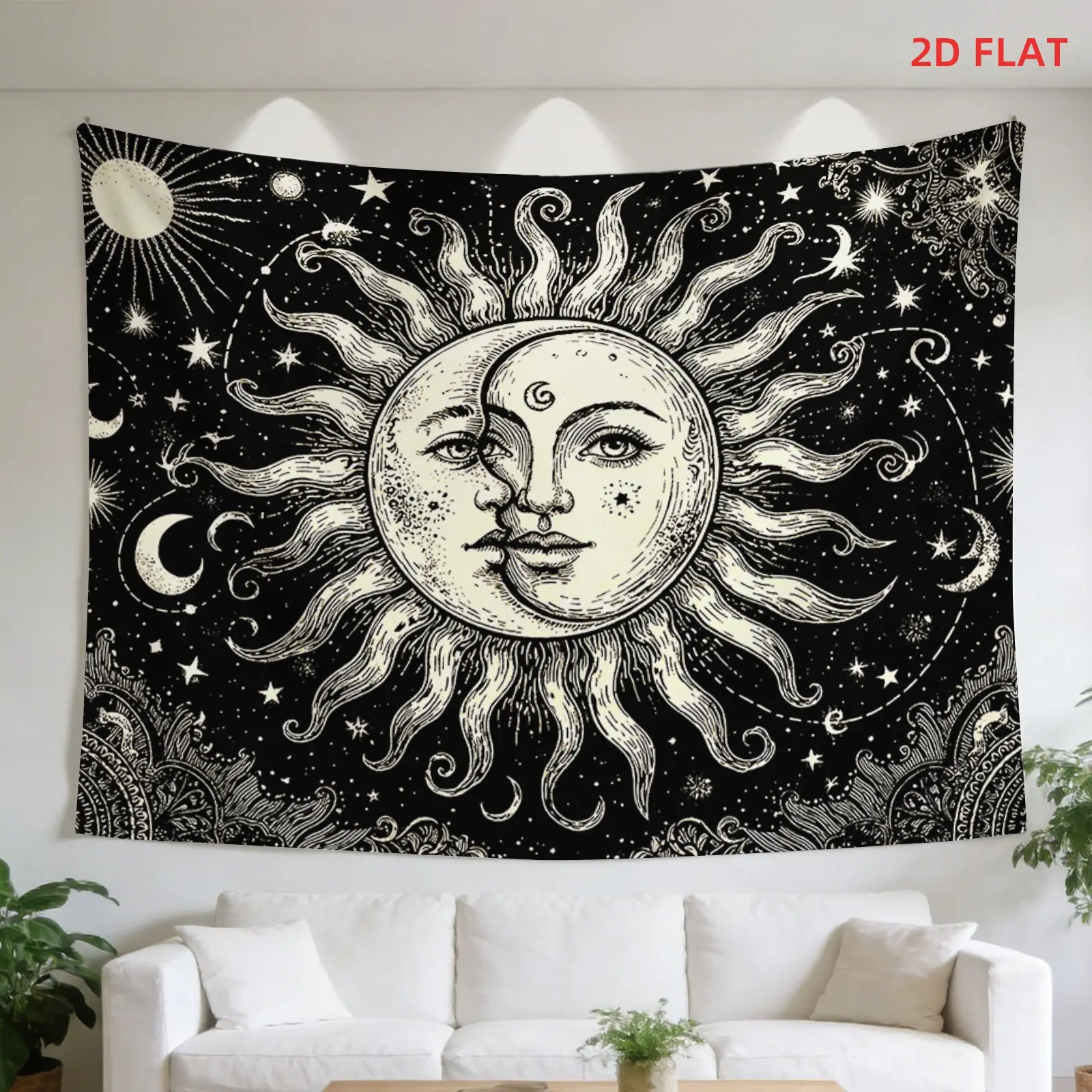 Celestial Black & White Tapestry Wall Hanging with Sun, Moon & Star Patterns, Minimalist Boho Room Decor for Bedroom, Dorm, Yoga Studio, Meditation Zen Space, Party Backdrop, Non-Glare 2D Flat Print, Astrology Gift for Teens
