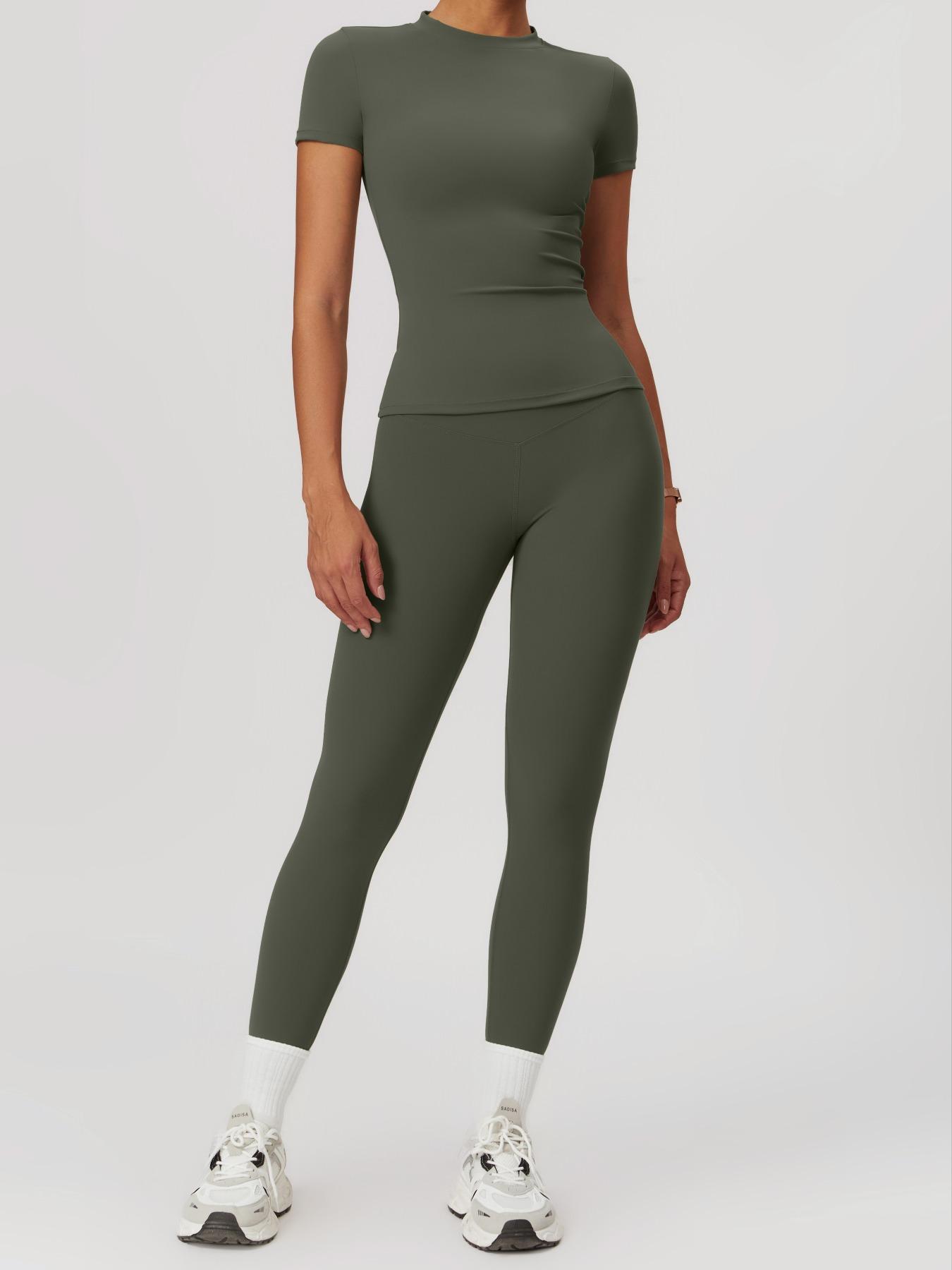 Women's Plain Round Neck Crop Tee & High Waist Leggings Yoga Set, Breathable Quick-Drying Short Sleeve T-Shirt & Skinny Pants Set for Gym Workouts and Running, Workout Running Clothes, Ladies' Sportswear for All Seasons