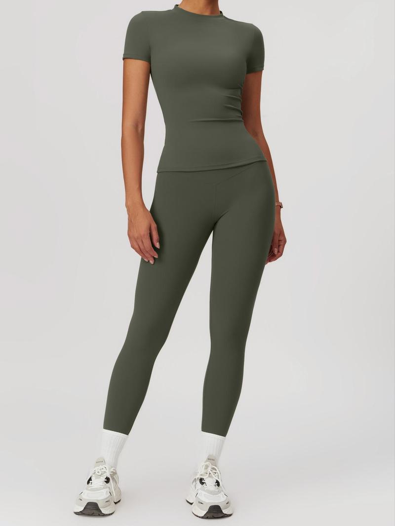 Women's Plain Round Neck Crop Tee & High Waist Leggings Yoga Set, Breathable Quick-Drying Short Sleeve T-Shirt & Skinny Pants Set for Gym Workouts and Running, Ladies' Sportswear for All Seasons, Athleisure Wear