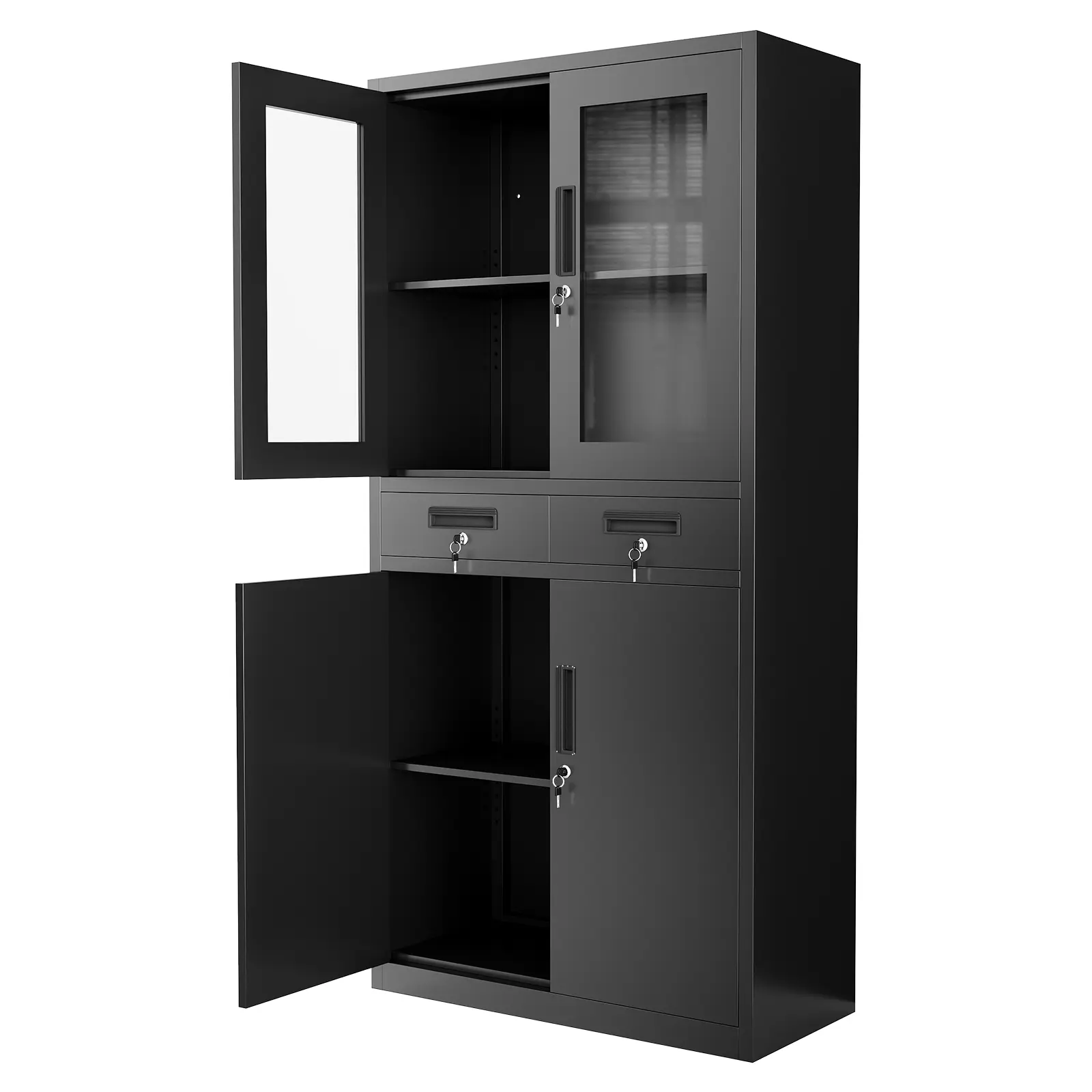 Lockable Metal Storage Cabinet with Glass Doors – 2 Drawers, 2 Adjustable Shelves – Secure Key & File Management – Durable Steel for Garage, Office, Home – Black