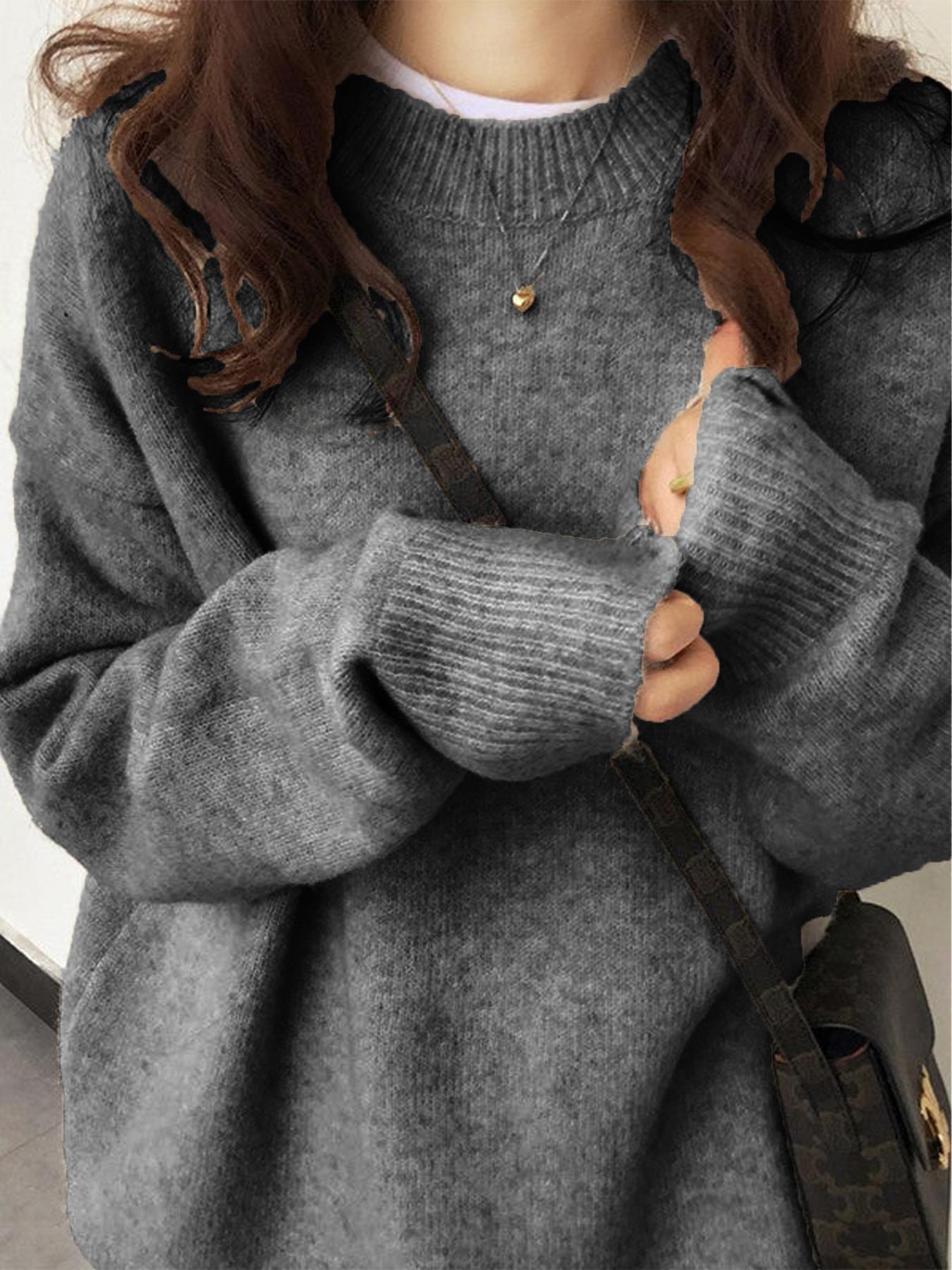 Women's Solid Drop Shoulder Long Sleeve Sweater Casual Fit Fashion Round Neck Pullover, for Fall & Winter, Women's Knitwear for Daily Wear, Gifts For Women