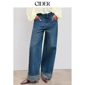 Cider Cider Denim Mid Rise Solid Roll Hem Straight Leg Jeans