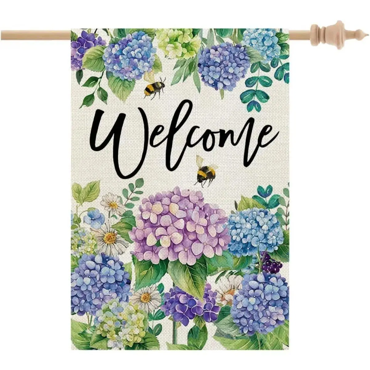 Hydrangea Bee Welcome Garden Flag 12x18in, Double-Sided Spring Summer Yard Decor, Watercolor Floral Outdoor Banner with Bees for Farmhouse Patio Porch Entryway