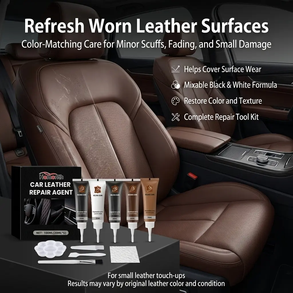 Leather Upholstery Repair Kit, Car Leather Seat Care and Color Restorer for Interior Seats, Scratches, Scuffs, Wear Marks, Faded Areas, Door Panels, Console, Leather Surface Cover, Touch Up Care and Daily Vehicle Interior Maintenance Use
