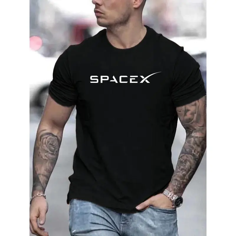 Men's 100% Cotton Loose-Fit Short-Sleeve T-Shirt, Preppy SpaceX Letter Pattern Printed Round Neck Top, All-Seasons Casual Fashion Large Size Shirt, Shortsleeve