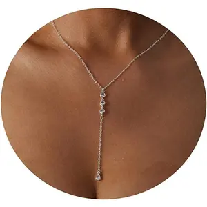 Gold Y Necklace for Women 14K Gold Plated Y-Shaped Drop Necklaces CZ Long Necklace Cubic Zirconia Pendant Layered Long Lariat Necklace Women Jewelry