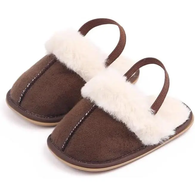 Baby Toddler & Infant Fuzzy Fleece Slippers with Heel Strap, 0-18 Months, Cozy Non-Slip House Shoes for Boys & Girls