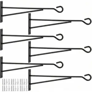 8"   Hooks (6 Pack), Rust-Proof Metal Wall Brackets for Vertical Garden, Sturdy  Hangers for Outdoor Fence, Bird Feeders, Lanterns & Wind Chimes, Black Minimalist Decor