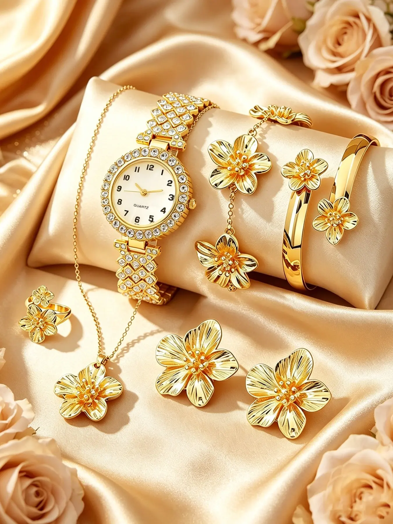 Elegant Women's Quartz Watch Set, Floral Design Bracelet Necklace Ring Earrings, Round Face, Perfect for Daily Wear and Parties, Exquisite Watch Set, Fashion Jewelry Set