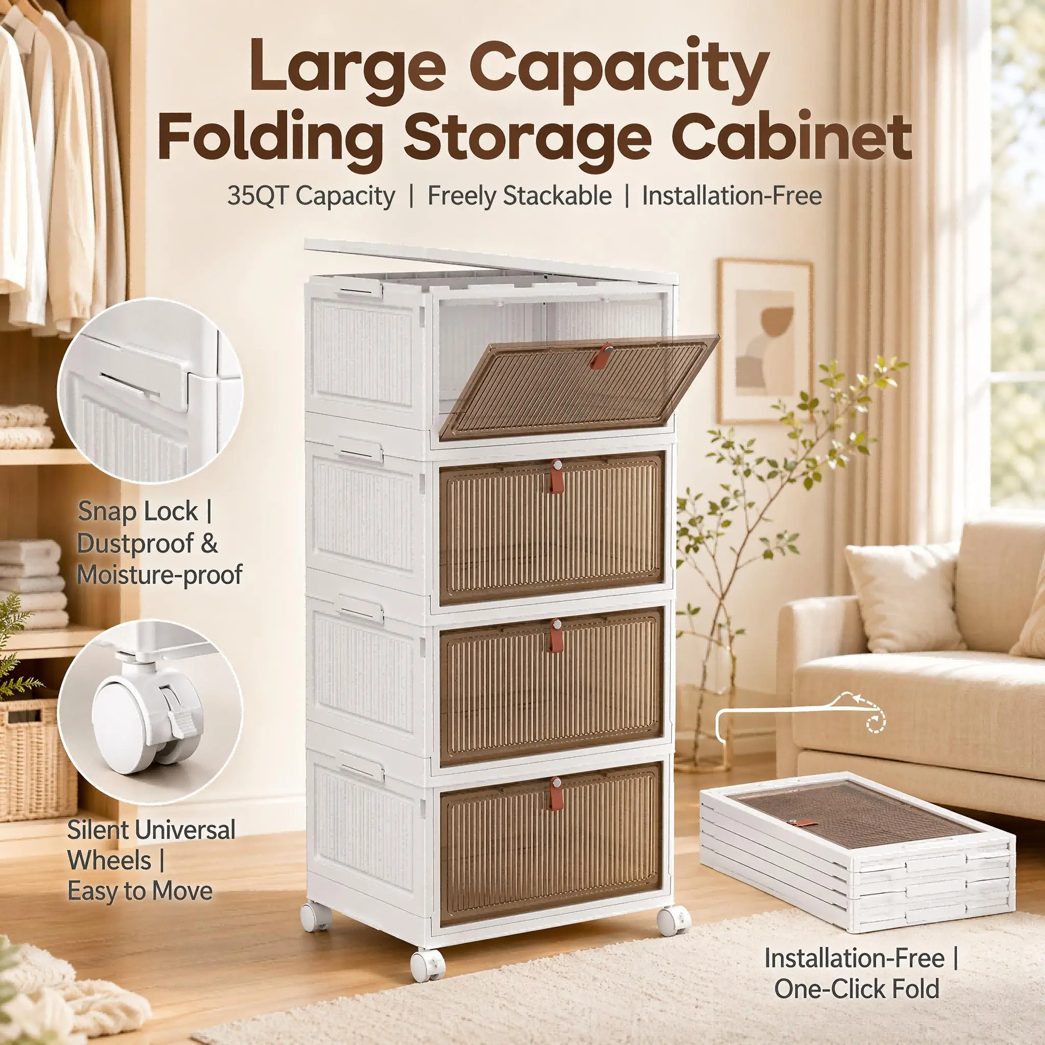 35QT Foldable Storage Boxes With Transparent Front Flip Lid Stackable Organizer Container With Side Handles And Movable Wheels For Clothes Bedding Toys Bedroom Closet Home Organization