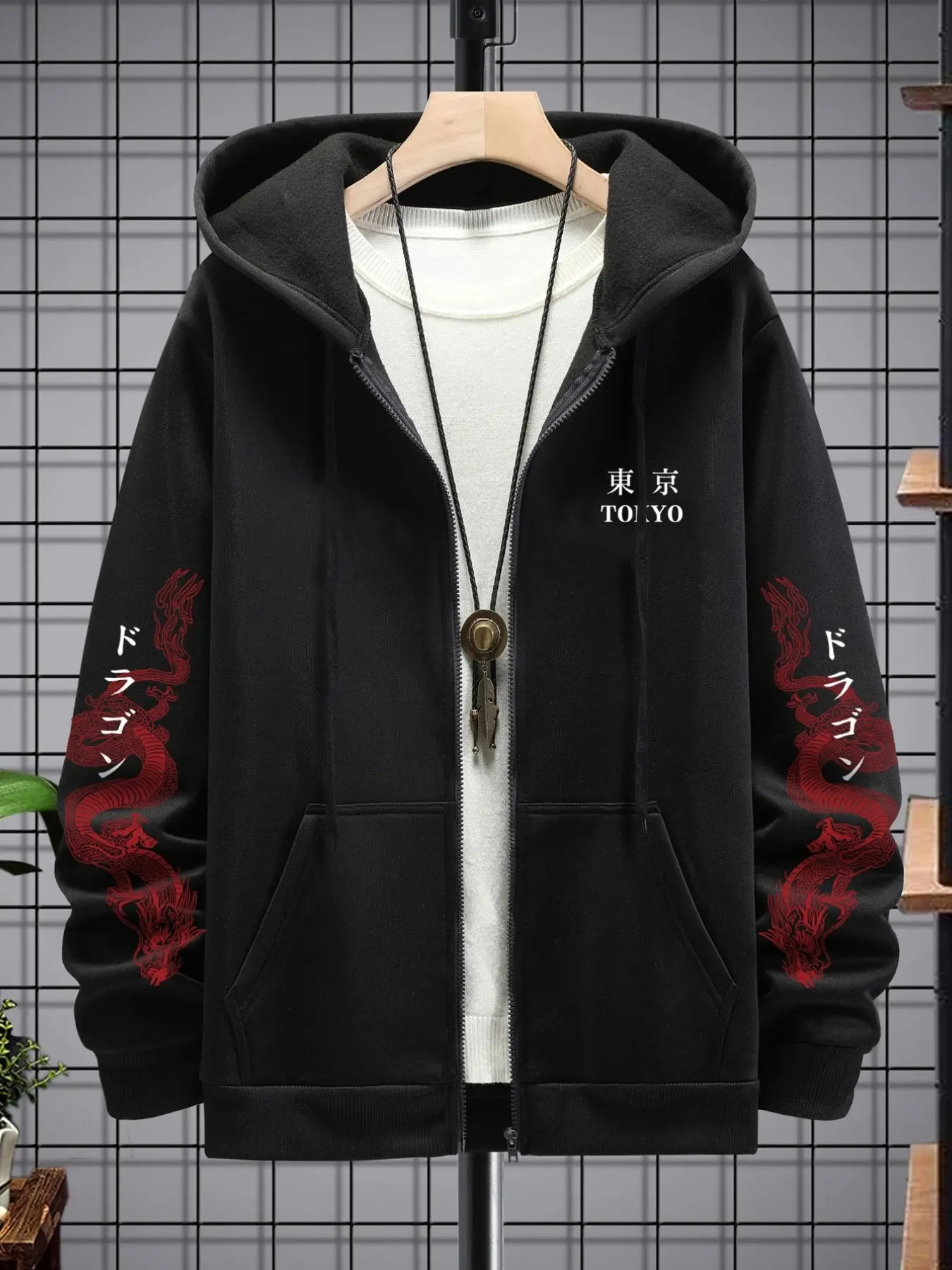 Unisex Tokyo Aesthetic Zip-Up Hoodie, Loose Fit Full-Zip Hooded Jacket, Dragon & Japanese Characters Print, Kangaroo Pocket, Streetwear Style