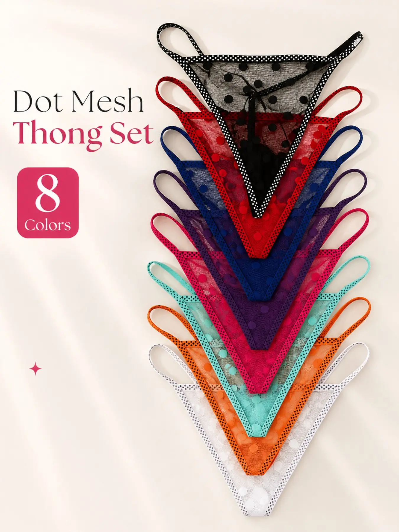 8 Pcs Women's Cute Polka Dot Thongs, Comfortable Soft Breathable G-String, Drop Waist, Sexy Slim-Fitting, All Seasons, Lingerie Underwear, G String Set