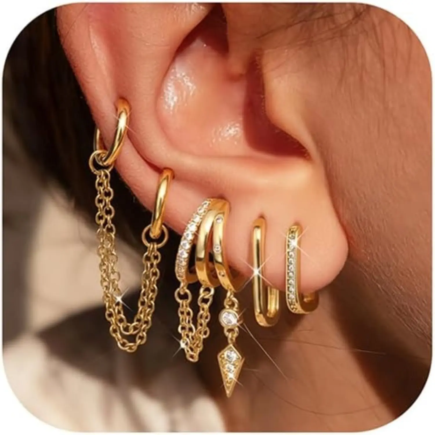 FIASASO 5 Pairs 14K Plated Gold Hoop Earring Stacks, Dainty Earring Set Non Tarnish Hypoallergenic 316L Surgical Steel Chain Earrings for Sensitive Ears, Huggie Hoops Cartilage Jewelry for Women