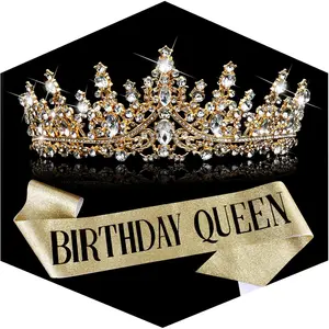Birthday Queen Sash and Crown for Women - Gold Rhinestone Tiara and Sash Set for Birthday Decorations Outfits for WomenGift.