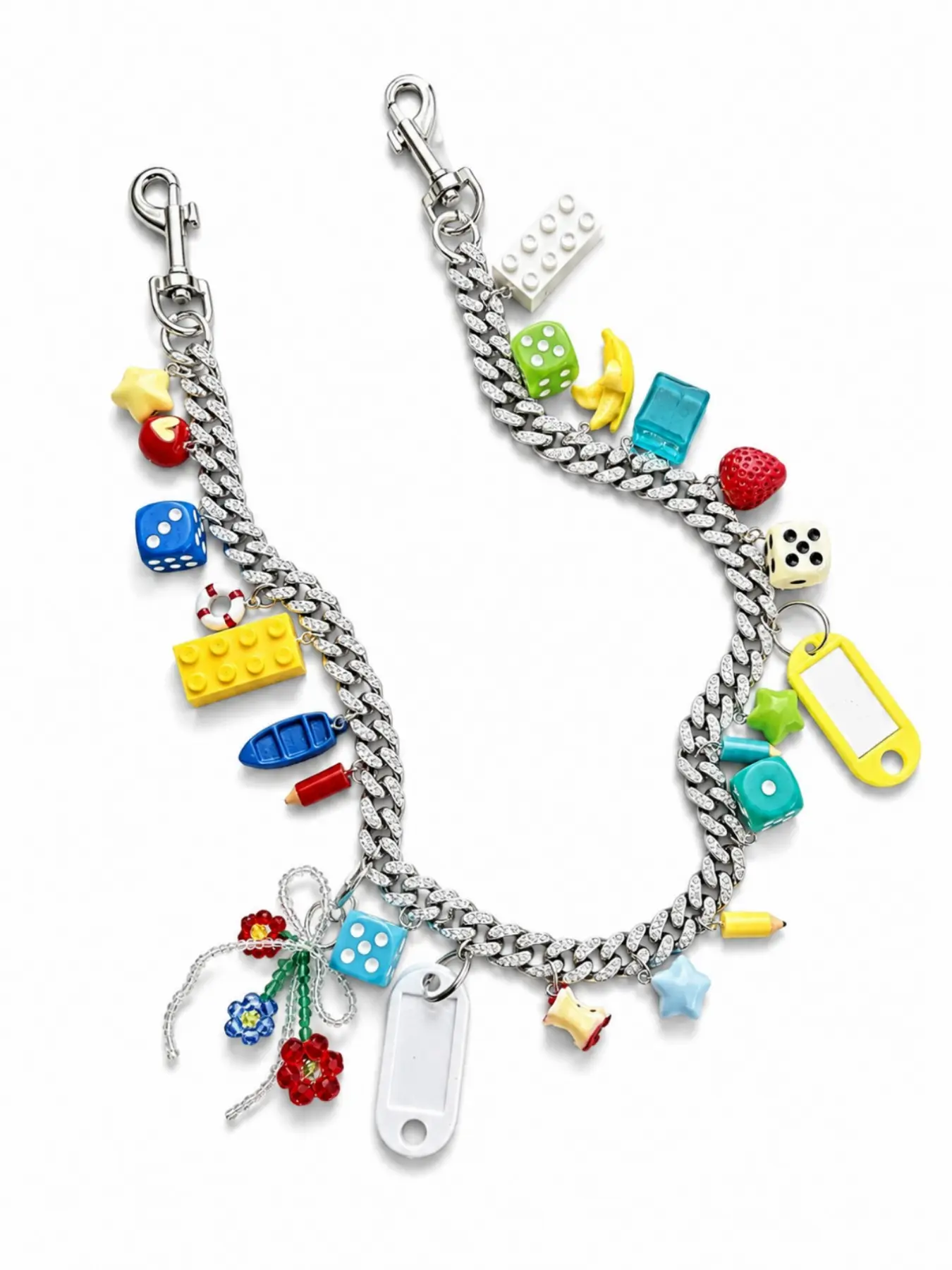 Silver Color Rhinestone Cuban Chain, Multi-Element Dice Block Pencil Cartoon Pendant Bag Charm, Street Style Keychain Accessory, Key Charms