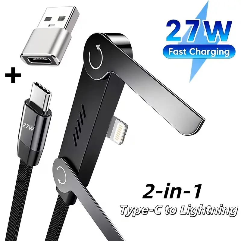 27w Fast Charging Phone Cable Type-C to Lightning with USB Adapter, 2-In-1 Foldable Stand, Quick Charge Mobile Charger Cable