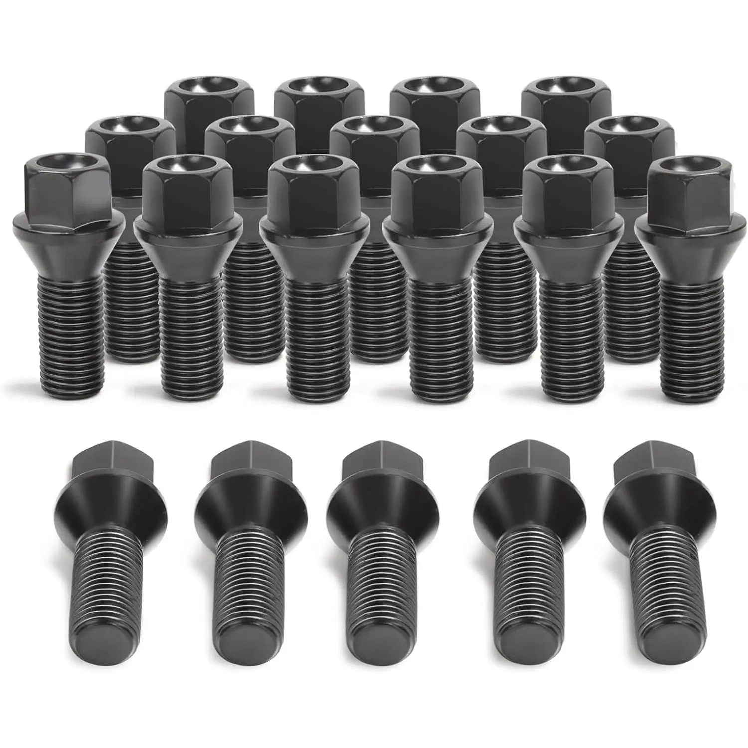 Steel 14x1.5 OEM Conical Seat Lug Nuts - 28mm Shank Black Lug Bolts, Hex Bolt Type Fasteners Fit for BMW 7-Series E65/E66, X3 E83, X5 E53 & Audi A3, A4, A5, Volkswagen Tiguan, Beetle, CC Wheels