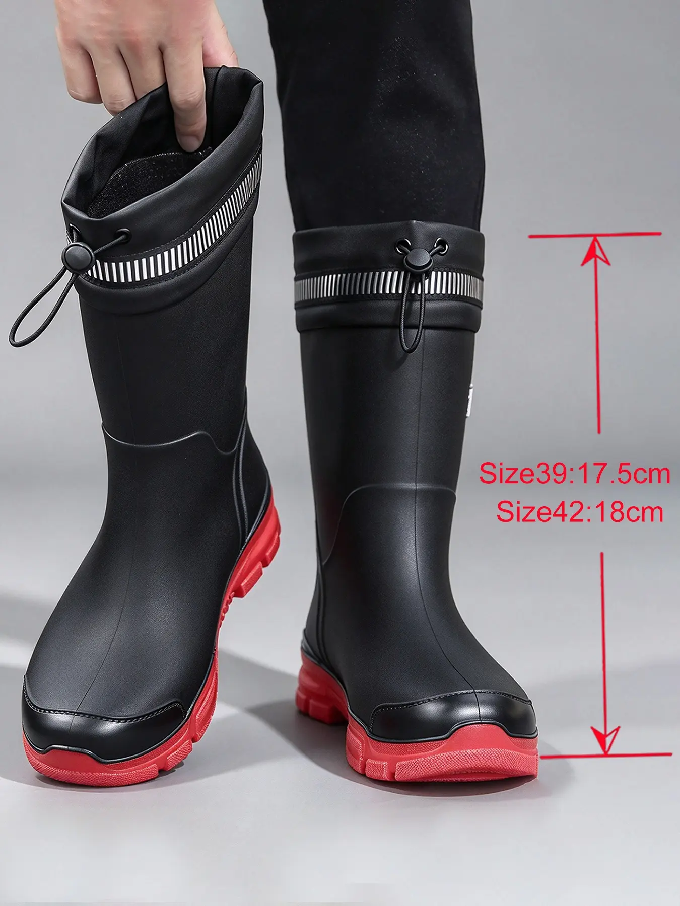 Men's Mid-calf Rain Boots, Convenient Slip on Casual Water Shoes, Adjustable Drawstring Water Splashing in, One-piece Molding Waterproof Rubber Boots, Anti-slip Wear-resistant Thick Sole,Suitable for Rainy Commute, Fishing, Gardening Outdoor Work