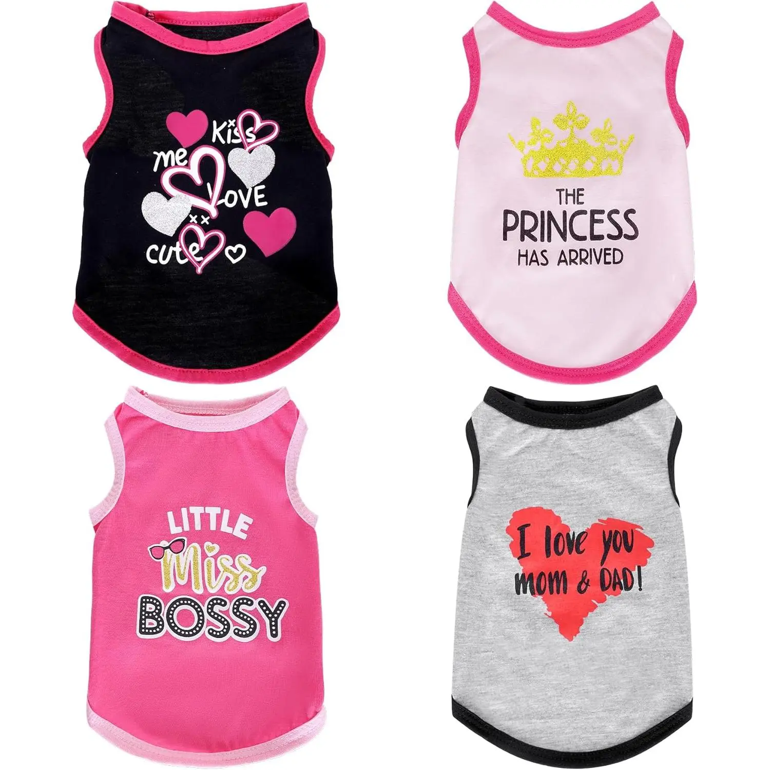 Girl Pet Clothing 4-Pack Lightweight Fit Sleeveless Shirts - Summer Adorable Pattern Fabric Graphic Tops for Small/Medium Dogs & Cats, Moderately Tight Neckline, Wash Resistant, Edge Wrapping