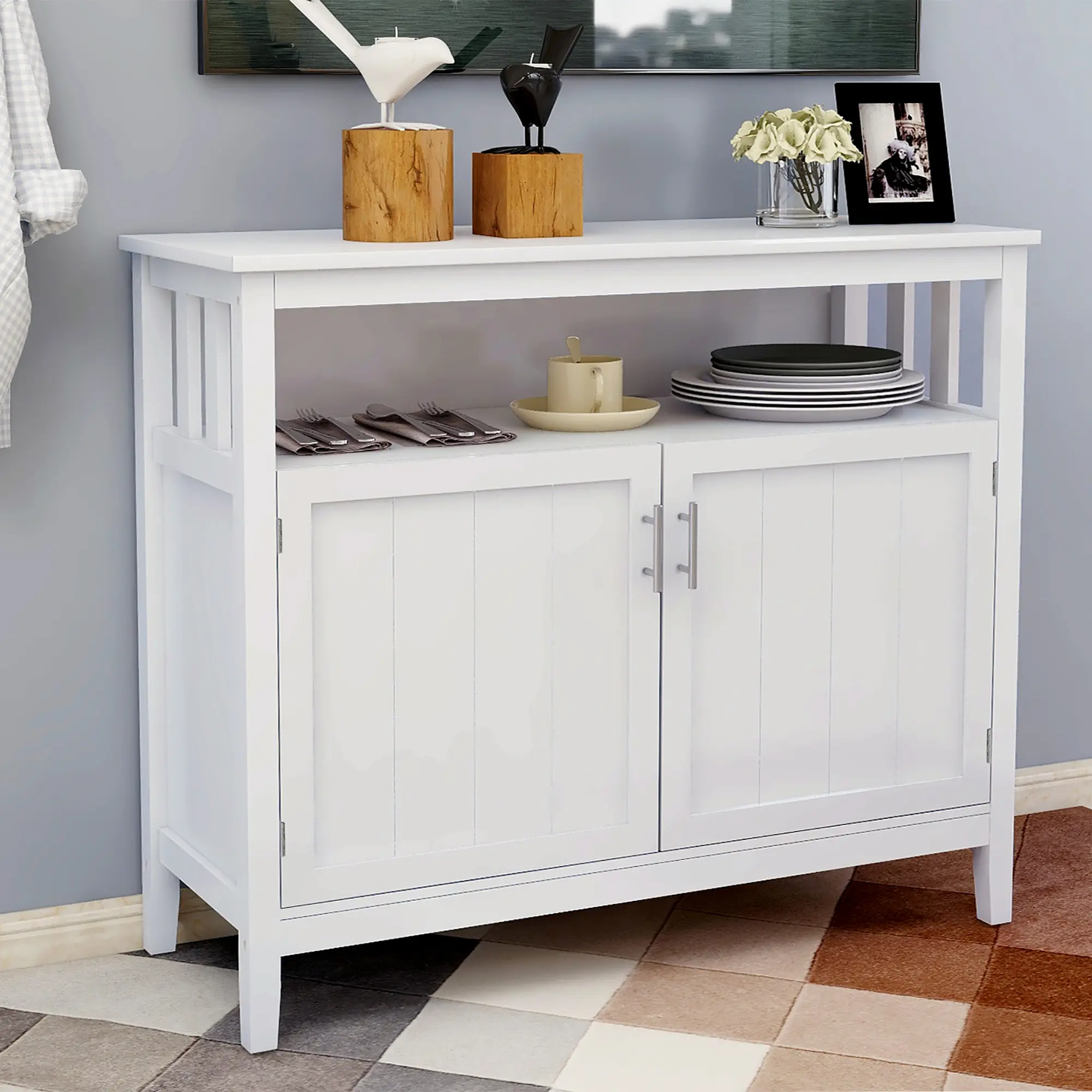 ARCH White Freestanding Kitchen Storage Sideboard Buffet Server Cabinet with Shelf+Doors, Clean Look, Assembly Required - Indoor Furniture Cupboard Organizer for Multiple Room Use, 1-Pack for US Online Shopping