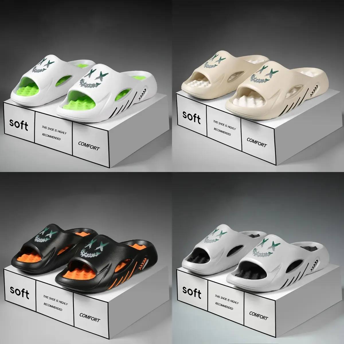 Men Trendy Smiley Print Thick Platform cloud Slide chinese lightweight Slippers, Hollow Breathable Soft EVA Open Toe Slip‑on Footwear, Shock Absorption Non‑slip Casual Shoes For Indoor Shower Beach Outdoor Daily Walking