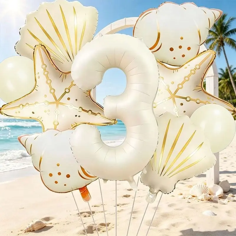 A Set Ocean Shell Starfish Birthday Balloon Set, featuring 32-Inch Cream Number, , starfish, seashell，conch foil balloons.Perfect for Mermaid Party,ocean‑style birthday banquets, Pool Party, Kids Room Decor，baby showers，Aquarium anniversary events.