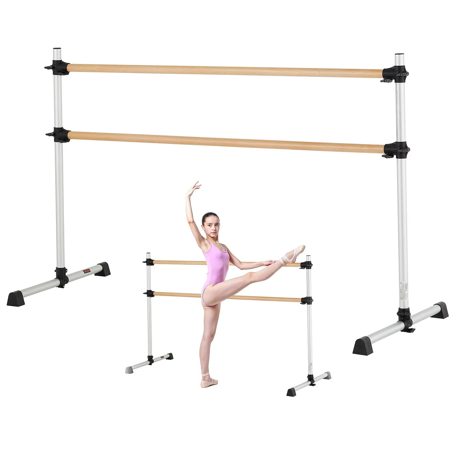 【DealsForYouDays】VEVOR Ballet Barre, 6 Ft Double Beechwood Barre Bar for Home, Freestanding Portable Ballet Stretching Dance Bars, Height Adjustable Anti-Wobble Fitness Gym Equipment, for Pilates Balance Workout