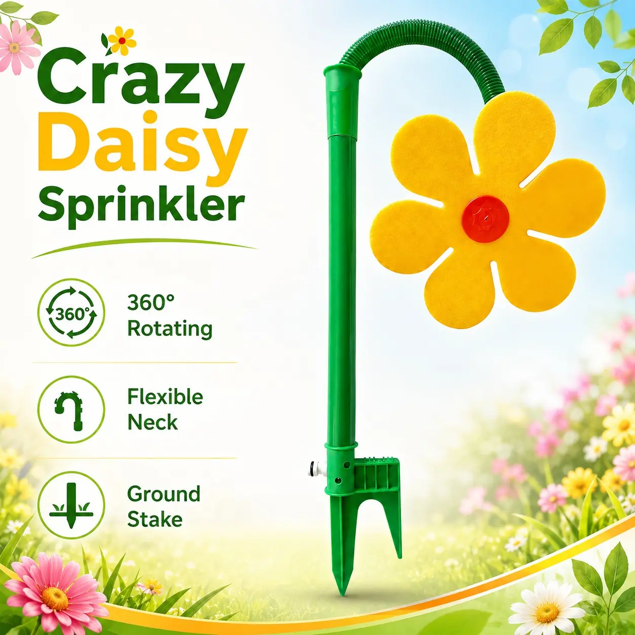 Crazy Daisy Sprinkler, Crazy Dancing Flower Water Sprinklers, Funny Sun Flower Dancing Daisy Lawn Sprinkler, 360° Rotating Garden Water Sprayer for Lawn and Yard Watering, Garden Irrigation, Dogs and Kids Outdoor Play