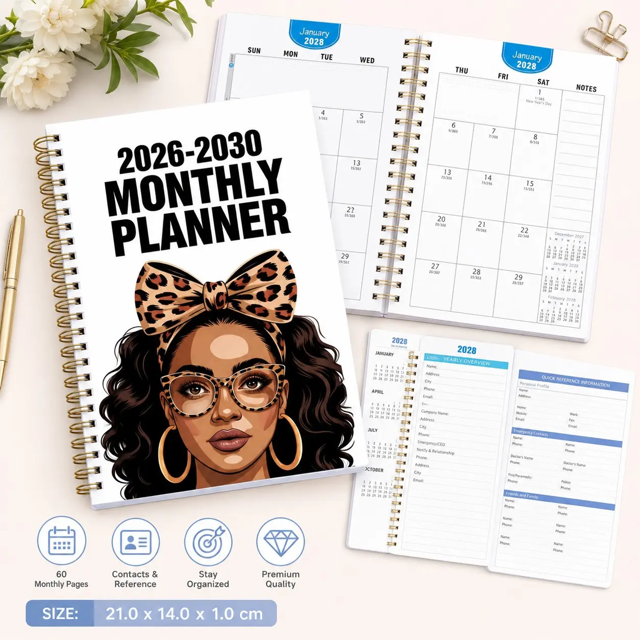 2026-2030 Monthly Calendar - From January 2026 to December 2030, 5-year monthly calendar, ladies' themed cover design, annual calendar planner, month labels, 60-month calendar, 13.97 cm x 21.08 cm, Schedule Planner, Notebook Planner, Calendars Planners