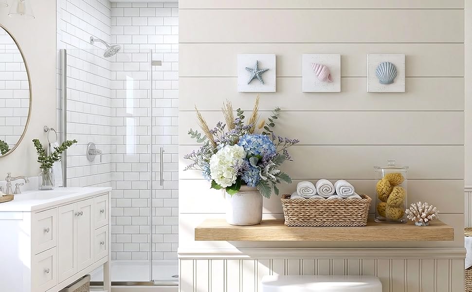 Tide and Tales 3D Beach Wall Art - Seashell with Starfish for Coastal Bathroom Decor, Ocean Inspired Decor for Bathroom, Coastal Bedroom, Living Room or Beach House, Set of 3 (6"x 6")