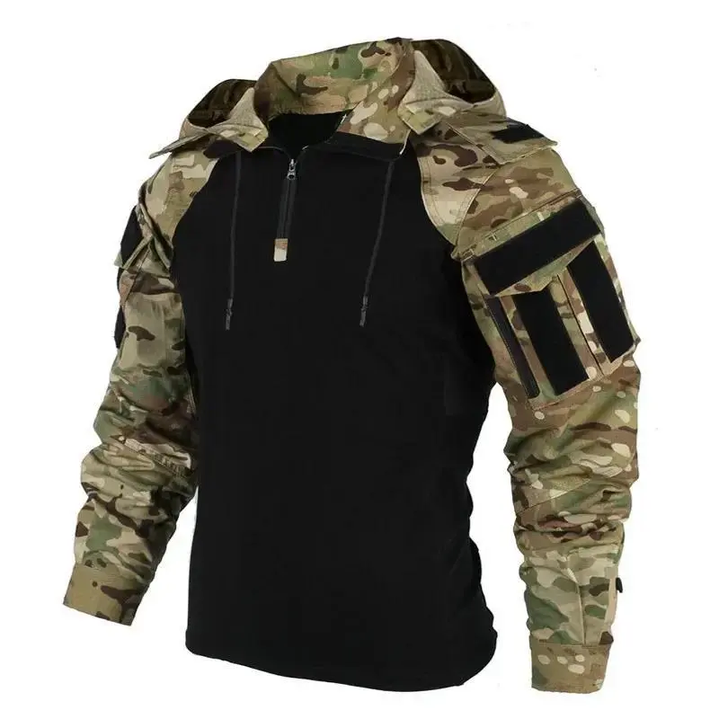 Men's Military Camouflage Hooded Tactical Combat Camo Long Sleeve T Shirt Outdoor Camo Hunting Fleece Hooded Coat